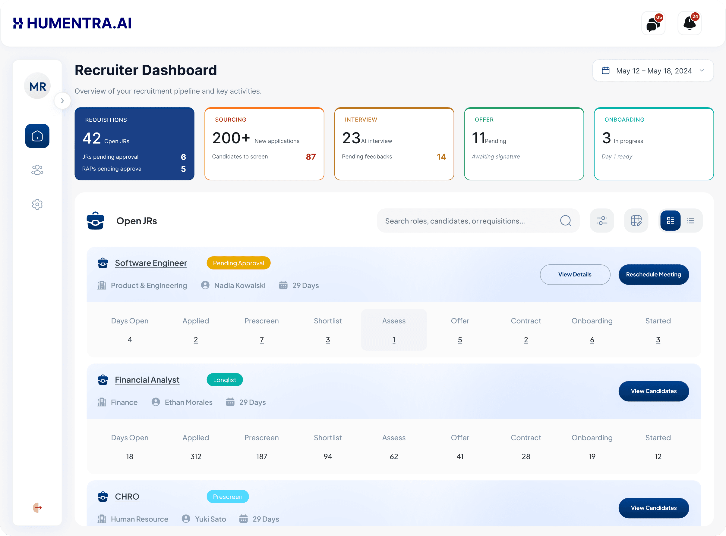 The Humentra recruiter dashboard: open requisitions, sourcing, interview, offer and onboarding counts above a live list of open roles.