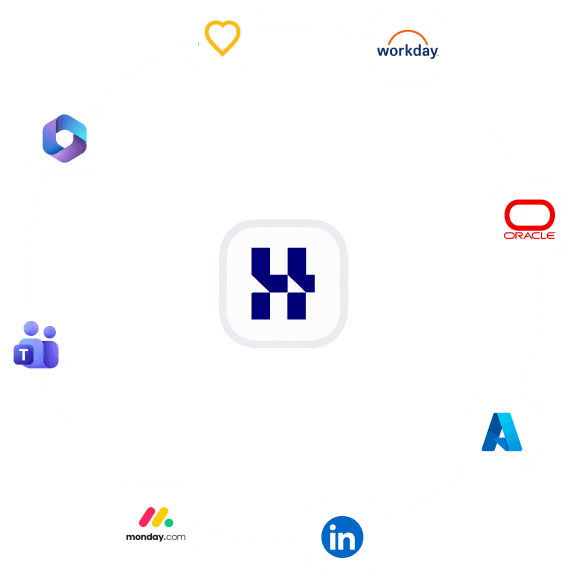 Humentra at the centre of a ring of the systems it connects to, including Workday, Oracle, Microsoft 365, Teams, Azure and LinkedIn.