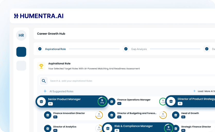 The Humentra growth path screen showing a target role with the skills gaps to close and the courses that close them.