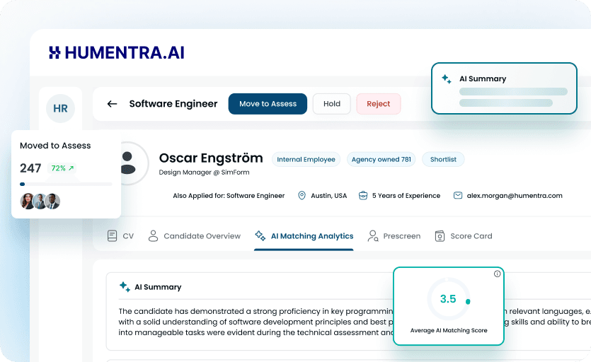 A candidate record in Humentra showing AI matching analytics and a skills match score against the role.
